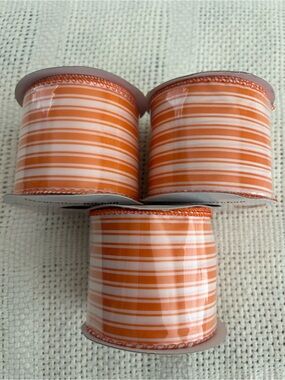 3 Orange And White Stripe Craft Ribbon Spools Lot 2.5" X 9 Feet